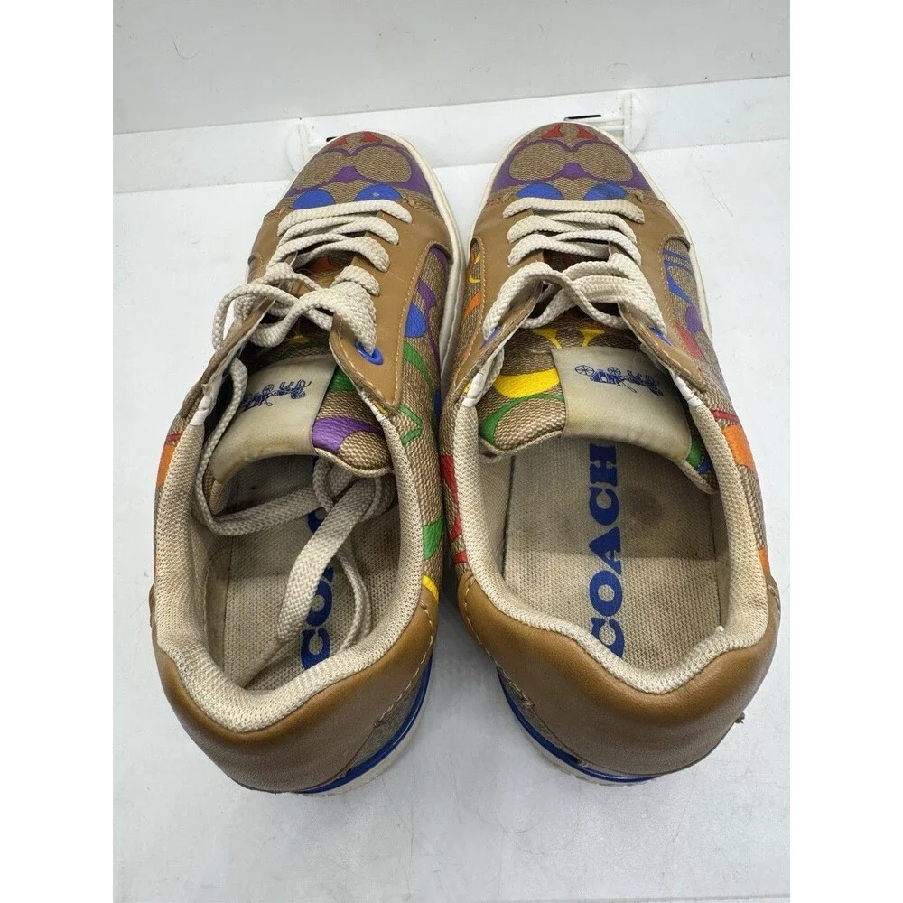 Coach Lowline  Sneaker Woman Size 5B Tan Rainbow Signature Canvas